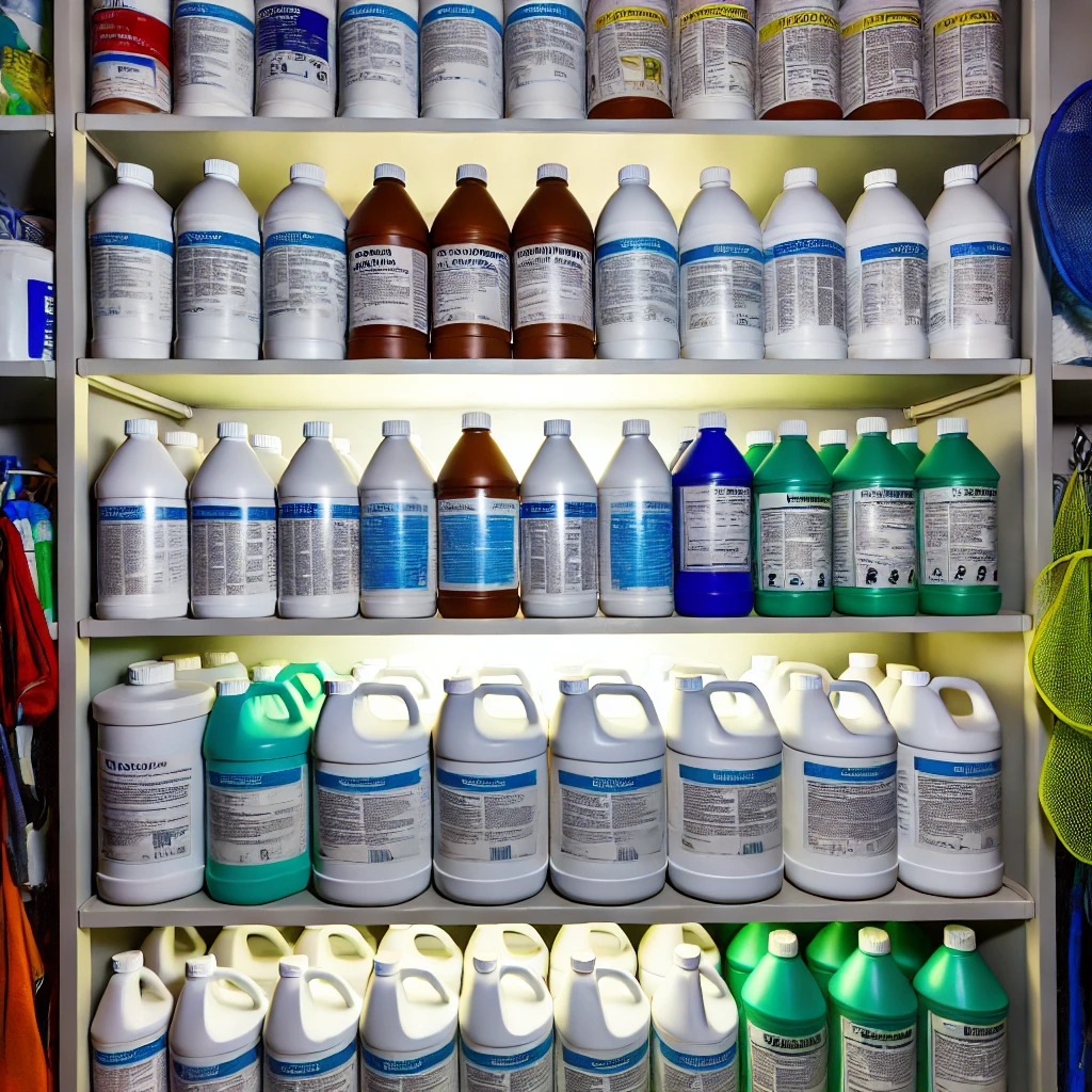 An image of how organization can lead to storing pool chemicals properly.